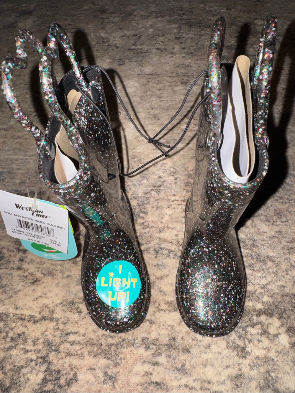 Western Chief Black Glitter Light-Up Girls' Rain Boots
